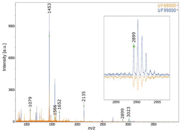 MALDI-ToF Collagen peptide mass fingerprints for specimens UF 69000 and UF 99000, labeled according to Buckley et al. (2014) and Kirby et al. (2013).