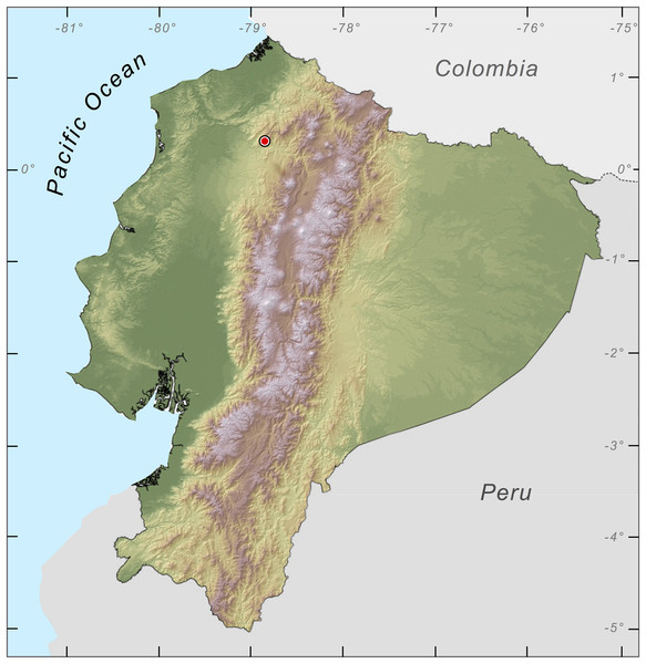 Map of Ecuador showing the location of Río Manduriacu Reserve, the type locality of Nymphargus manduriacu sp. nov.