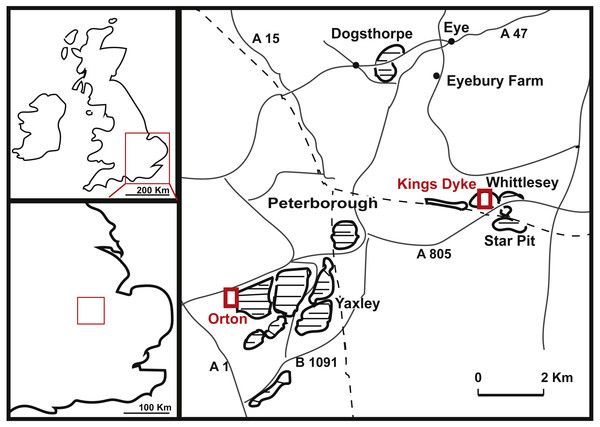 Geographical position of King’s Dyke, Orton and Star Pit, Whittlesey, UK.