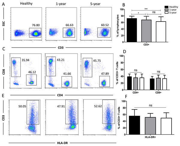 Parental proportions of total, CD4+, CD8+, HLA-DR+ T cells among different groups.