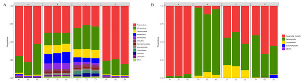 Taxonomic composition of bacterial (A) and fungal (B) communities associated with Q. acutissima root tips and rhizosphere soils at the phylum levels.