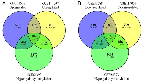 Identification of aberrantly hydroxymethylated differentially expressed genes in the gene expression datasets (GSE51588, GSE114007) and the gene hydroxymethylation dataset (GSE64393).