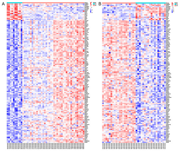Heat maps of the aberrantly hydroxymethylated differentially expressed genes in the mRNA dataset.