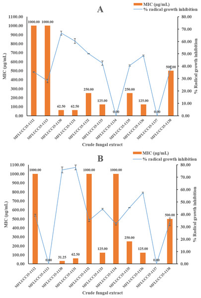 Antifungal activities of crude fungal extracts against C. albicans (A) and A. niger (B), expressed as percentage of radical growth inhibition and MIC.