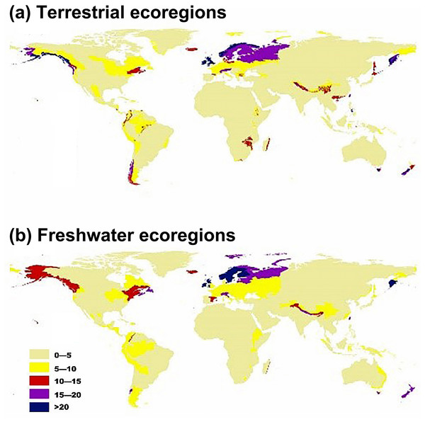 Map showing the potential for invasive plant expansion in RCP 4.5 for terrestrial ecoregions (A) and freshwater ecoregions (B).