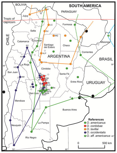 Geographic distribution of Odontophrynus species for eight provinces and 34 different localities sampled.