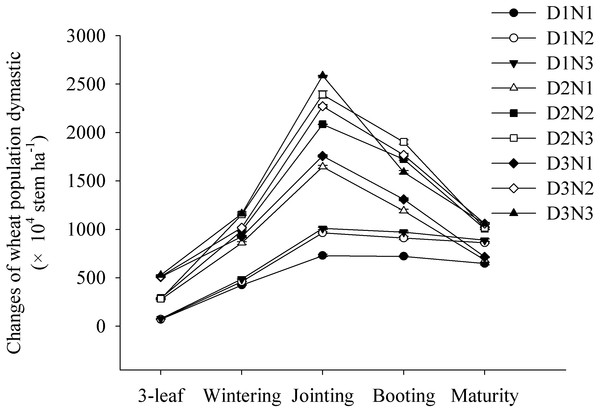 Effects of plant densities and application of nitrogen rates on the changes of stems of winter wheat.
