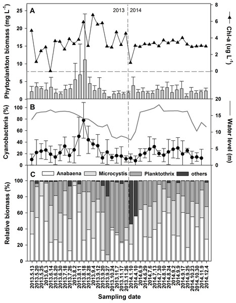 Variations of the phytoplankton biomass and chorophyll-a in the years 2013 and 2014.