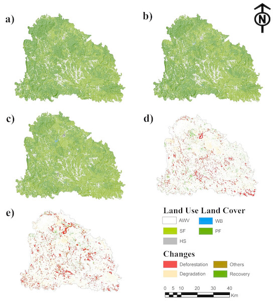 Land use/land cover of 1990 (A), 2005 (B), 2017 (C), changes during 1990–2005 (D) and changes during 2005–2017. Abbreviations: AWV, areas without vegetation; SF, secondary forest; WB, water bodies; HS, human settlements and PF, primary forest.