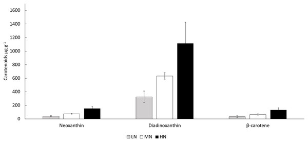 Concentrations of neoxanthin, diadinoxanthin, and β-carotene in different N treatments at the end of the cultivation.