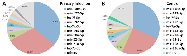 Distribution of the top 10 most abundant miRNAs detected in DENV-1-infected and uninfected mouse livers.