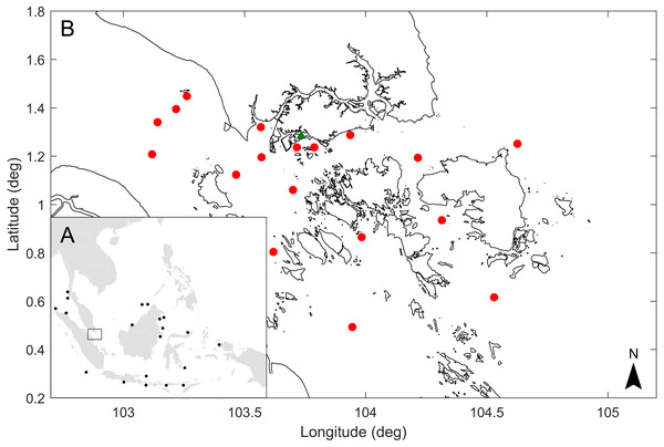 Map of sperm whale records in waters off Southeast Asia, location where the sperm whale was found in Singapore and approximate release points of simulated drogues representing the floating dead whale.