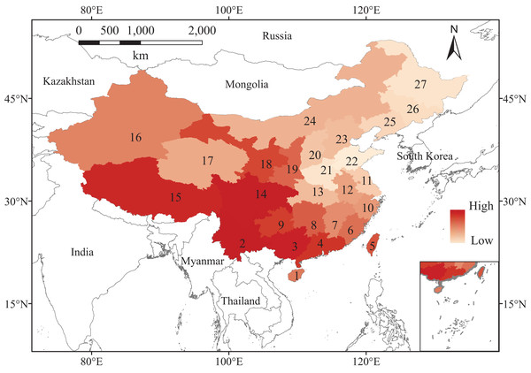 Map of China, showing the observed species richness for vascular plants (dark and light represent high and low richness levels, respectively).