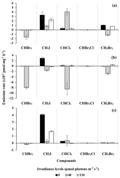 Changes of the five halocarbon emission rates normalized to chlorophyll a by (A) Synechococcus sp., (B) Parachlorella sp., (C) Amphora sp. under irradiance levels of 0, 40, 120 µmol photons m−2s−1.