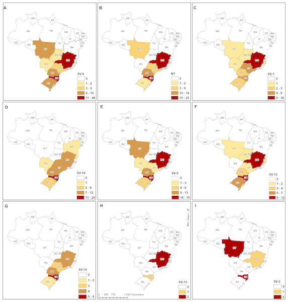 Geographic distribution of the most prevalent H. parasuis serovars for each of the ten Brazilian states.