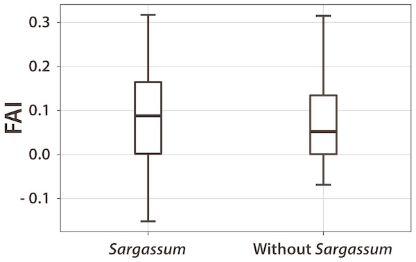 FAI boxplot for pixels with and without Sargassum.