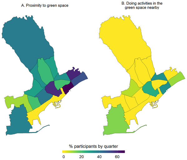 Maps by quarter of the percentage of study participants within the quarters of Limassol municipality, Cyprus (2017) agreeing that they live in close proximity to green space (A) and they do activities in the green space nearby (B).