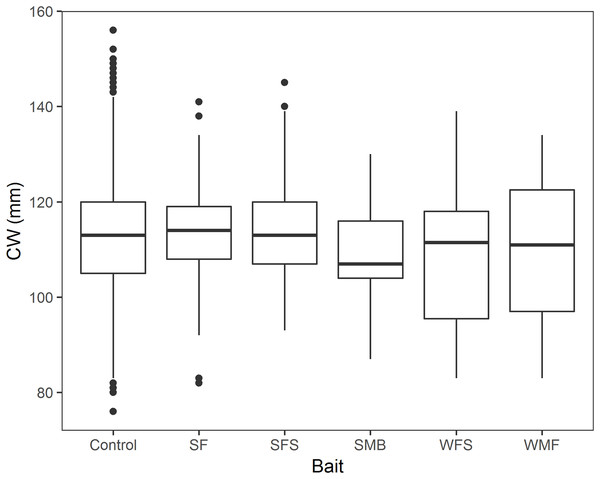 Boxplot of CW of snow crab for the bait treatments from north and south locations combined.