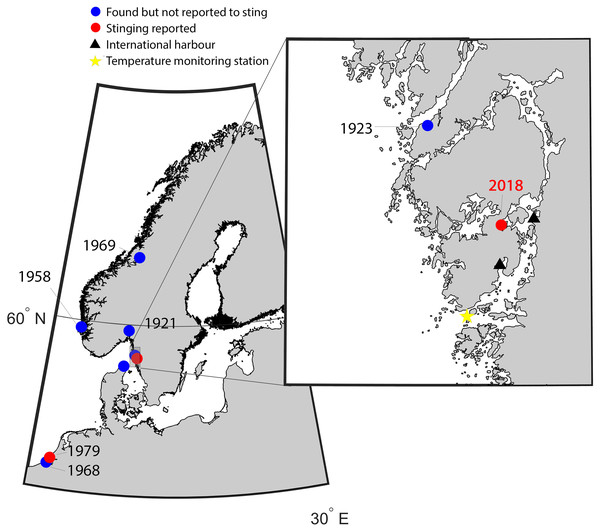 Map of the study area indicating new records of Gonionemus sp.
