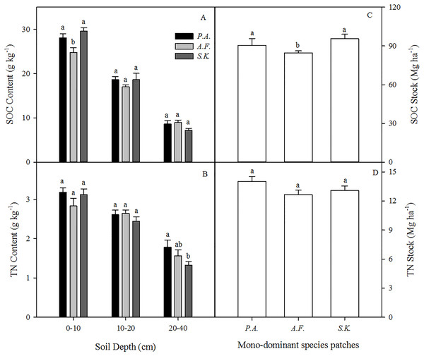 Mean soil organic carbon (SOC) (A) and total nitrogen (TN) (B) contents (g kg−1) in the 0 –10, 10–20, and 20–40 cm soil layers and the SOC stock (Mg ha−1) (C) and TN stock (Mg ha−1) at 0–40 cm (D) under three different plant species in 2013.