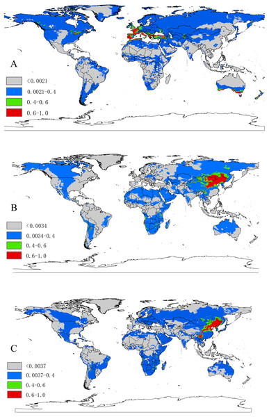 (A) The potential distribution map for Dermacentor marginatus; (B) The potential distribution map for D. nuttalli; (C) The potential distribution map for D. silvarum.