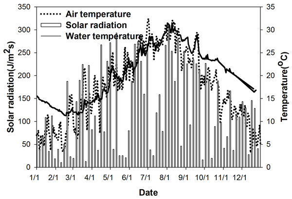 Measured air temperature, solar radiation, and surface water temperature in the Xiangxi River in 2010.
