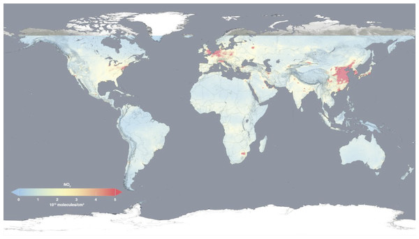 Global map shows the 2014 annual average concentration of nitrogen dioxide in thetroposphere over China overtakes other countries (Source: the National Aeronautics and 725 Space Administration (NASA): https://www.nasa.gov/press-release/new-nasa-satellite-maps-show-human-fingerprint-on-global-air-quality).