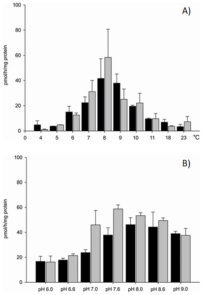 Aromatization efficiency in microsomal fraction isolated from gills (black column) and gonads (gray column) of M. trossulus (A) temperature dependent efficiency, (B) pH dependent efficiency.