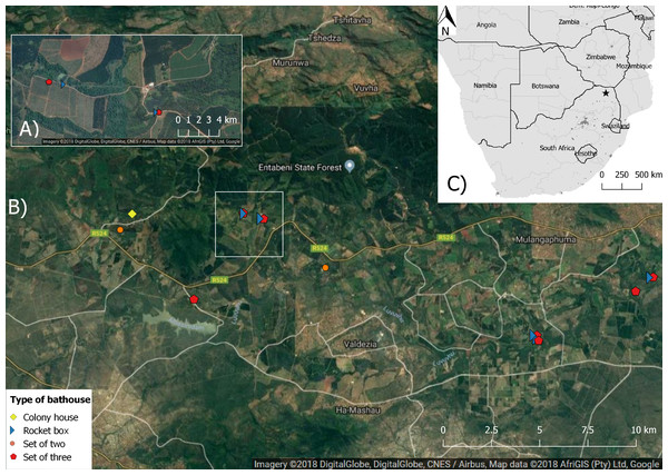 Map showing the aerial image of the study area with the location of the different bat houses and the study area in Levubu, Limpopo, South Africa (Google Maps 2018; QGIS version 2.18.11; Map data: AfriGIS (Pty) Ltd., Google)).