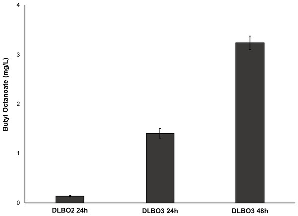 Production of butyl octanoate from strains DLBO2 and DLBO3 after 24 h and 48 h.