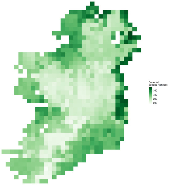 Corrected vascular plant species richness on the island of Ireland using Frescalo.