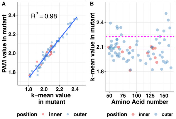 Mutation effects on protein dynamics (A) correlation of k-means and PAM values (B) scatterplot of k-mean values at each amino acid position.