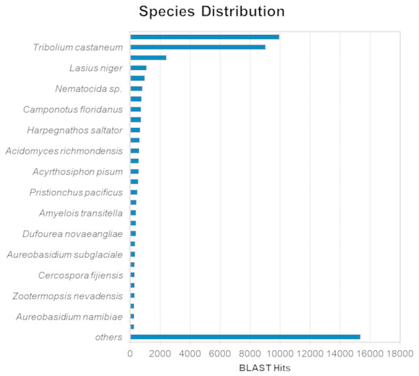 Species distribution of unigene sequences of H. elegans transcripts relative to other species using homologous BLASTx hits and the NR-NCBI database.