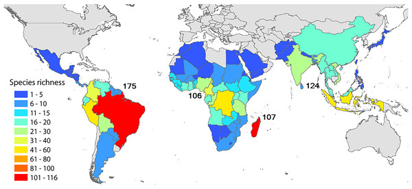 Numbers in black indicate species richness in the main regions where primates are naturally found: the Neotropics, Africa (mainland Africa and Madagascar), South Asia, and Southeast Asia.