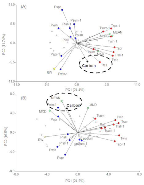Principal component analysis between carbon capture and internal influences (radial growth and wood density variables) and seasonal climatic influences (precipitation and temperature) for 1975–2014.