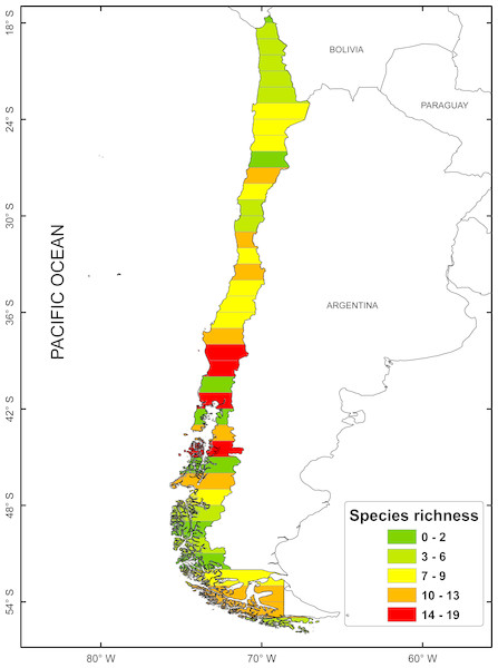 Spatial distribution of species richness for freshwater mollusk in latitudinal bands of 1°.