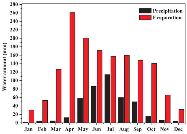 The monthly precipitation and evaporation of the study site (recorded from 2008.1.1 to 2018.7.31).