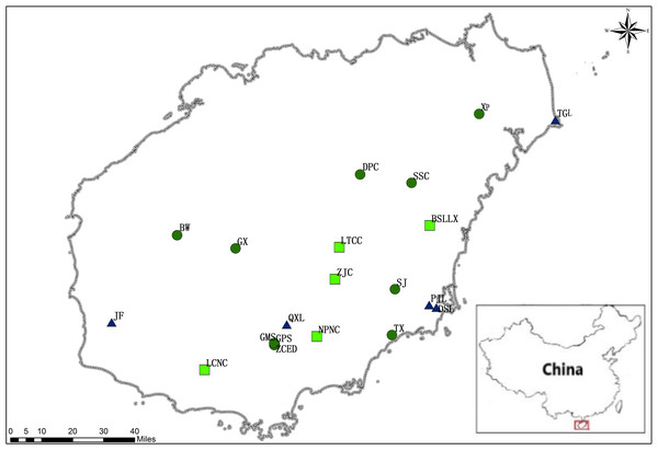Locations of M. oblongifolius populations sampled in the current study (see Table 1 for explanation of population abbreviations).