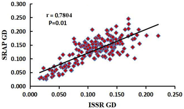 Correlation analysis between the two genetic distances matrices of SRAP and ISSR.