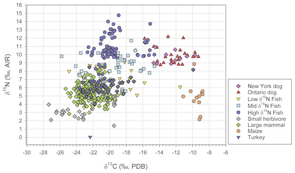 Scatter plot of δ13C and δ15N values for dogs and prey groups used in the seven source Bayesian dietary mixing model.