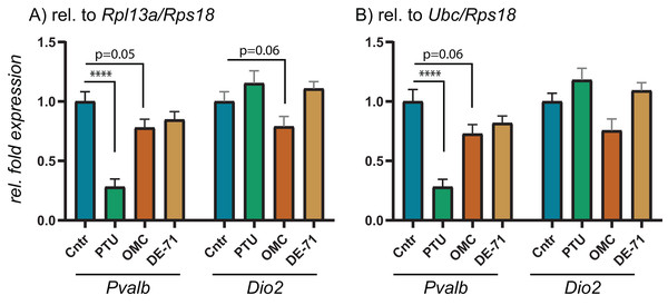 Relative expression levels of Pvalb and Dio2 in cerebral cortex of juvenile male rats after in utero exposure to PTU, OMC, or DE-71 normalized by optimal RG pairs.
