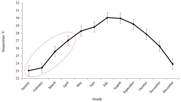 Monthly variation of SST in the area of operation of the Mexican longline fleet targeting yellowfin tuna during 2015.