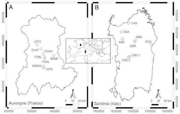 Geographic position of the studied springs in Auvergne, France (A) and Sardinia, Italy (B).
