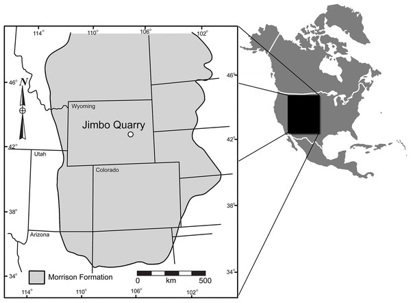 Geographic relationship of the Jimbo Quarry and the majority of the Morrison Formation, Late Jurassic, USA.