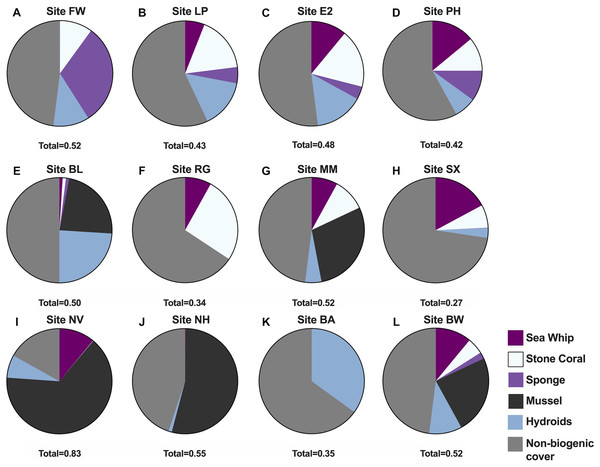 Proportional cover of five structure-forming species groups at the 12 study sites.