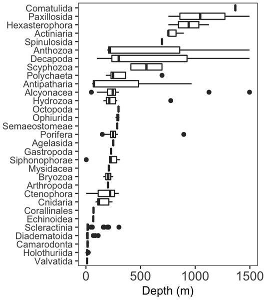 Depth distribution of invertebrate taxa by lowest possible taxon.
