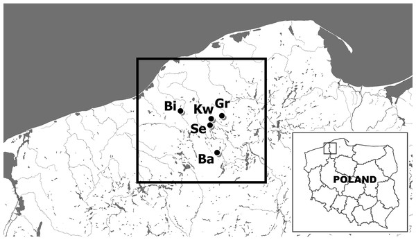 The location of sites of examined noble crayfish populations in the Bytów Lakeland.