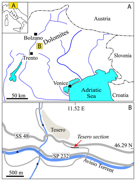 Geographic position of the Tesero section within (A) Italy and within (B) the Fiemme Valley, Trento Province.