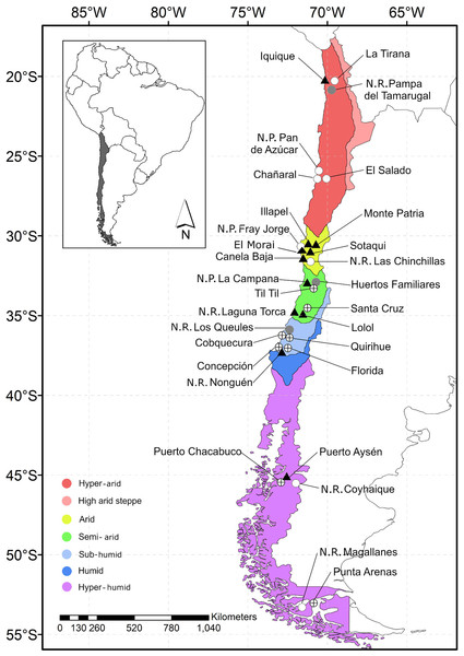 Map of Chile indicating the location of the study sites.