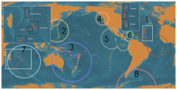 Global distribution of deep-sea hydrothermal vents, ISA-issued high seas mining exploration leases, and mining exploration licenses issued within territorial waters.